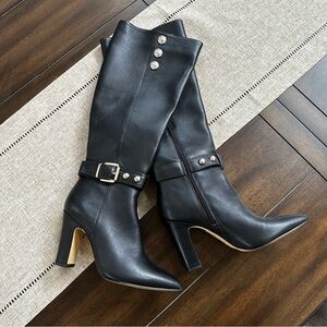 White House Black Market Black Mid-Calf Pointed Toe Heeled Boots with Buckle
